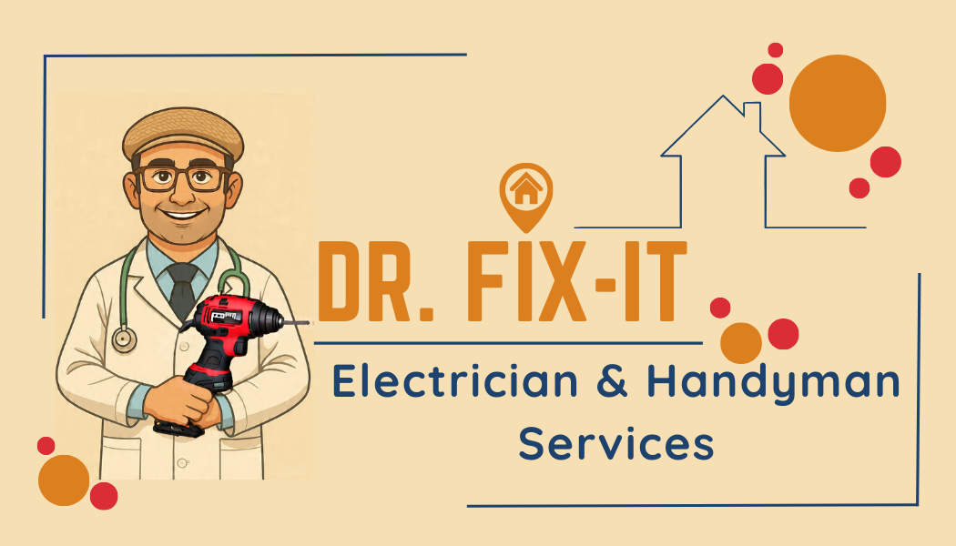 Dr. Fix-It mascot: a smiling handyman in a doctor's coat holding a cordless drill